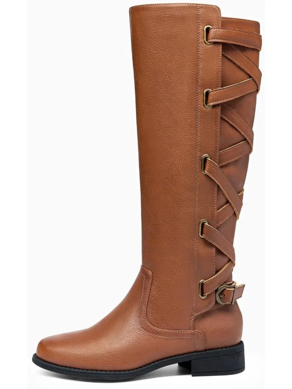 Women's Light Brown Faux Leather Strappy Motorcycle Lace Up Low Heel High Boots